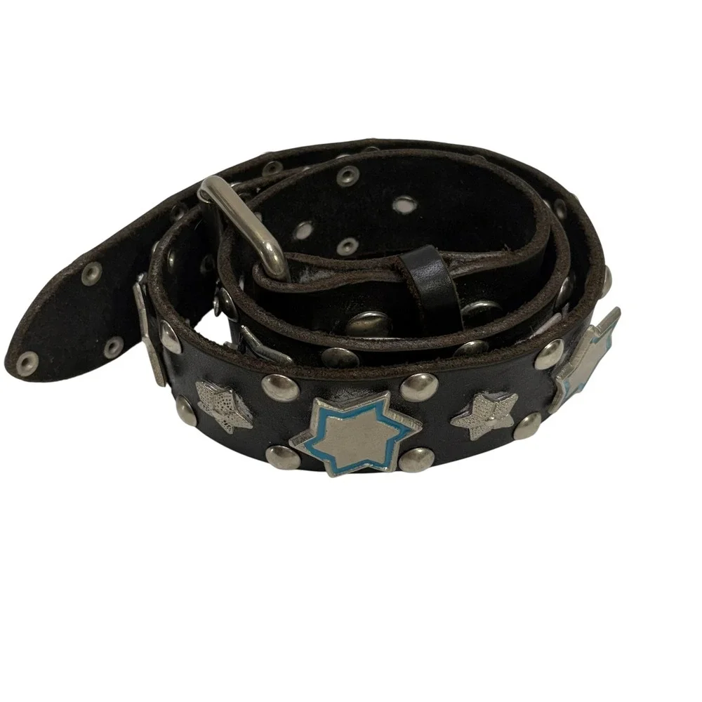VTG Nomad  Y2K Black Leather Studded Star Belt Silver Enamel Punk Rock Grunge 85